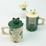 NNEDSZ 2X High-Fired Ceramic Porcelain Mug Set with Lid 400ml Bear w Tea Spoon GREEN