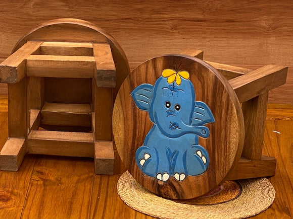 NNEDSZ Children's Wooden Stool Blue Baby ELEPHANT Themed Chair Toddlers Step sitting Stool