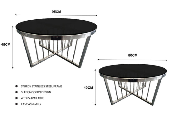 NNEDSZ Salina Coffee Table 80cm Silver Base - Black Glass