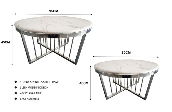NNEDSZ Salina Coffee Table 80cm Silver Base - White Marble