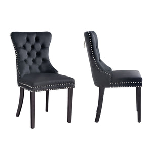 NNEDSZ Set of 2 - Alsea Black Velvet & Black Rubberwood Dining Chairs Upholstered Tufted Stud Trim and Ring