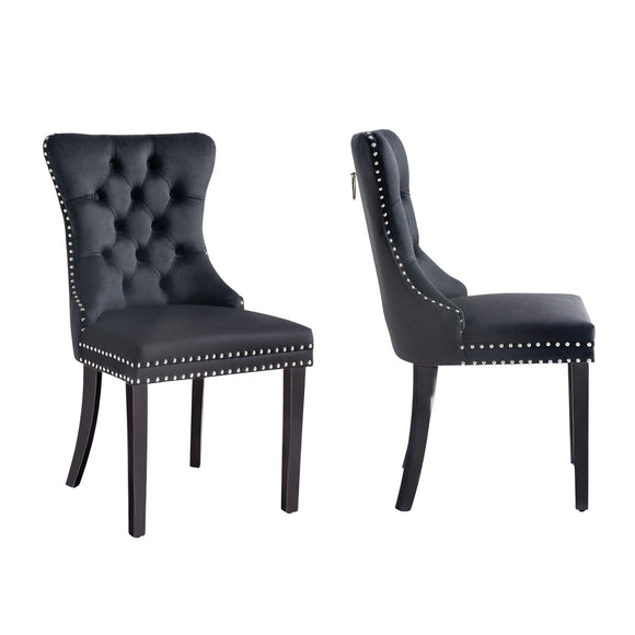 NNEDSZ Set of 2 - Alsea Black Velvet & Black Rubberwood Dining Chairs Upholstered Tufted Stud Trim and Ring
