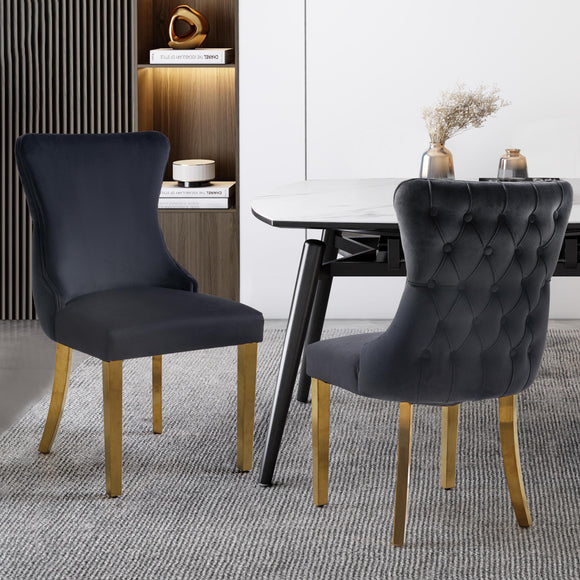 NNEDSZ Paris Black Velvet  & Gold Polished Steel Upholstered Dining Chairs Tufted Back - Set of 2