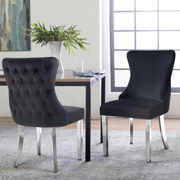NNEDSZ Paris Black Velvet  & Silver Polished Steel Upholstered Dining Chairs Tufted Back - Set of 2