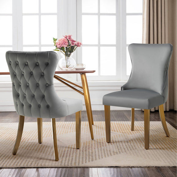 NNEDSZ Paris Dark Grey Velvet  & Gold Polished Steel Upholstered Dining Chairs Tufted Back - Set of 2
