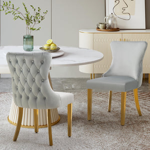 NNEDSZ Set of 2 - Paris Light Grey Velvet  & Gold Polished Steel Upholstered Dining Chairs Tufted Back