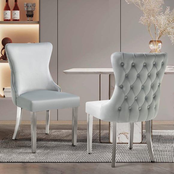 NNEDSZ Set of 2 - Paris Light Grey Velvet  & Silver Polished Steel Upholstered Dining Chairs Tufted Back