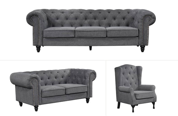 NNEDSZ Chesterfield Tufted Lounge Set - Charcoal Grey