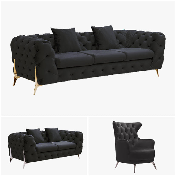 NNEDSZ Grand Tufted Lounge - Black Velvet - Silver Legs