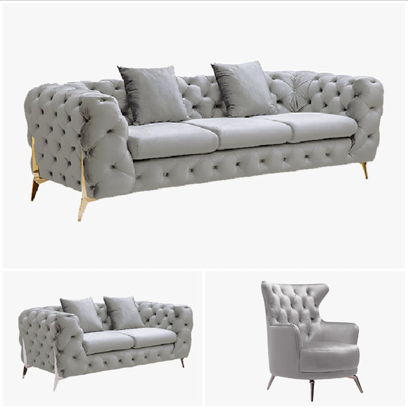 NNEDSZ Grand Tufted Lounge - Light Grey Velvet - Silver Legs