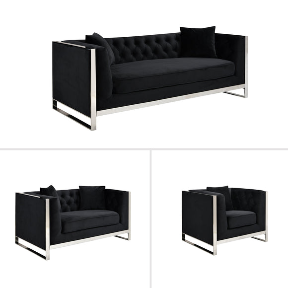 NNEDSZ William Lounge 3+2+1  - Black Velvet - Silver Trims