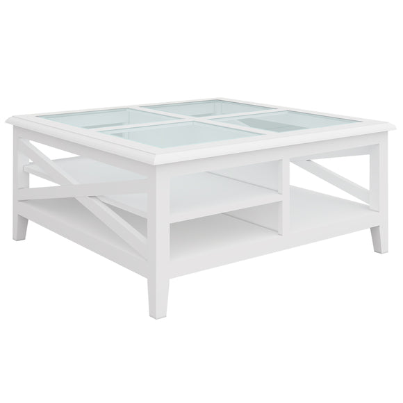 NNEDSZ Daisy Coffee Table 100cm Glass Top Solid Acacia Wood Hampton Furniture - White