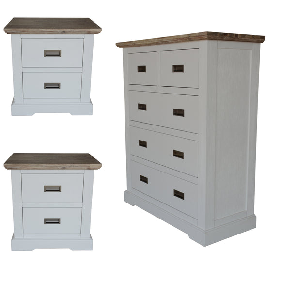 NNEDSZ Fiona Set of 2 Bedside Table Tallboy Bedroom Furniture Package Set White Grey