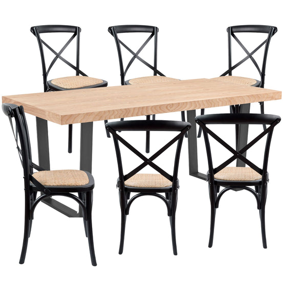 NNEDSZ Petunia  7pc 180cm Dining Table Set 6 Cross Back Chair Elm Timber Wood Metal Leg