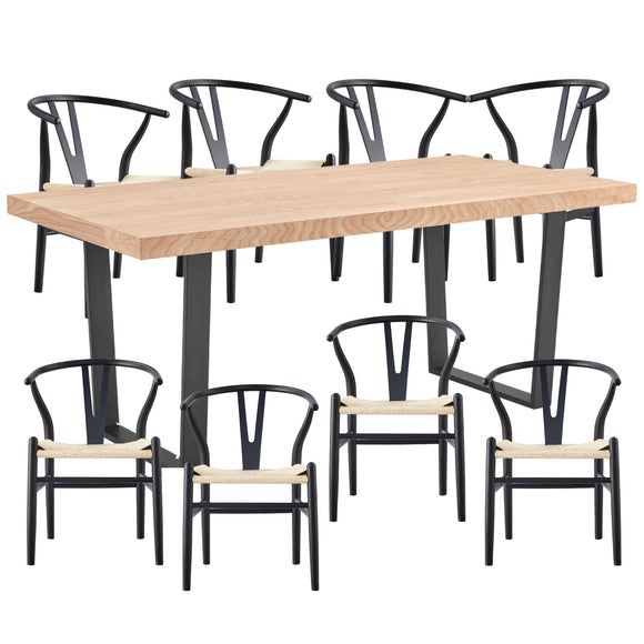 NNEDSZ Petunia  9pc 210cm Dining Table Set 8 Wishbone Chair Elm Timber Wood Metal Leg
