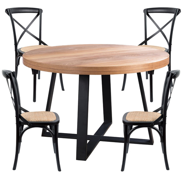 NNEDSZ Petunia  5pc 120cm Round Dining Table Set 4 Cross Back Chair Elm Timber Wood