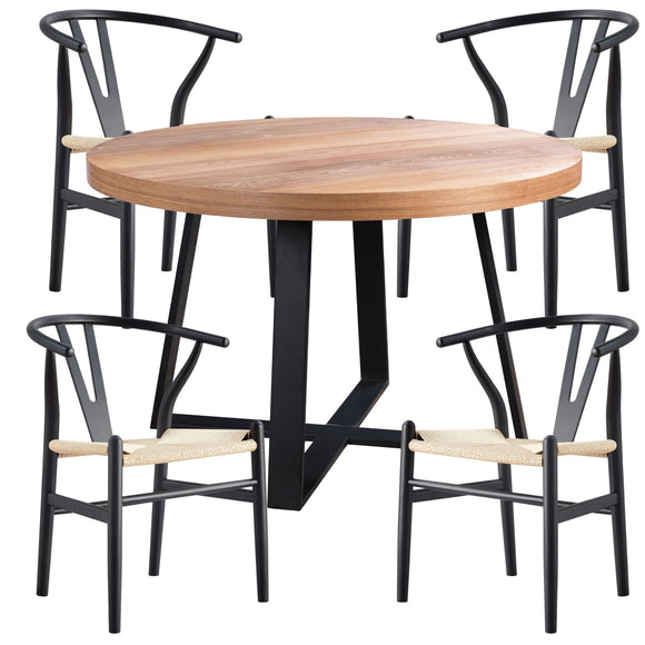 NNEDSZ Petunia  5pc 120cm Round Dining Table Set 4 Wishbone Chair Elm Timber Wood