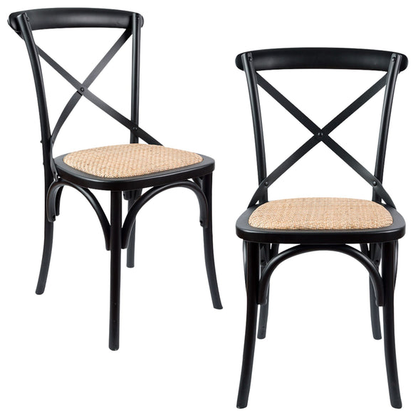 NNEDSZ Aster Crossback Dining Chair Set of 2 Solid Birch Timber Wood Ratan Seat - Black