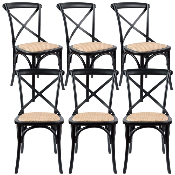 NNEDSZ Aster Crossback Dining Chair Set of 6 Solid Birch Timber Wood Ratan Seat - Black