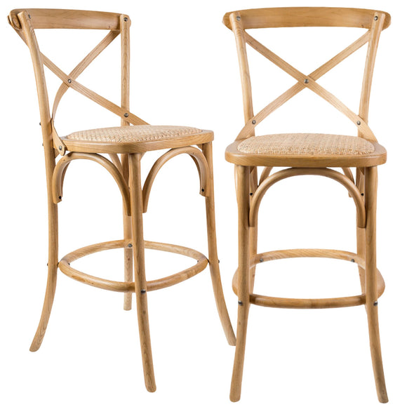 NNEDSZ Aster 2pc Crossback Bar Stools Dining Chair Solid Birch Timber Rattan Seat - Oak
