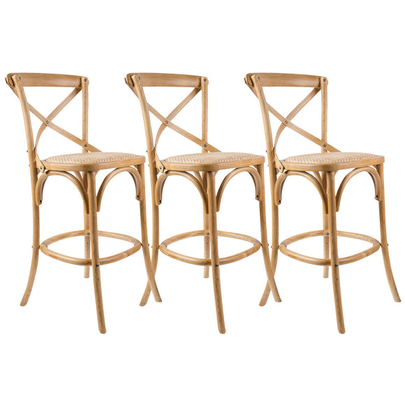 NNEDSZ Aster 3pc Crossback Bar Stools Dining Chair Solid Birch Timber Rattan Seat - Oak