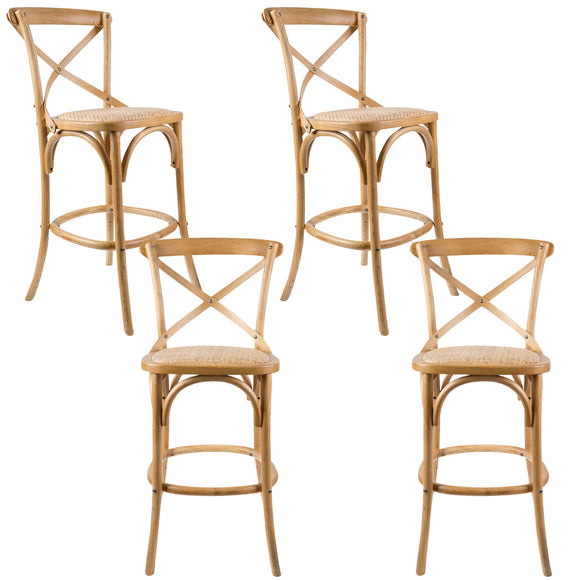 NNEDSZ Aster 4pc Crossback Bar Stools Dining Chair Solid Birch Timber Rattan Seat - Oak