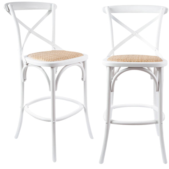 NNEDSZ Aster 2pc Crossback Bar Stools Dining Chair Solid Birch Timber Rattan Seat White