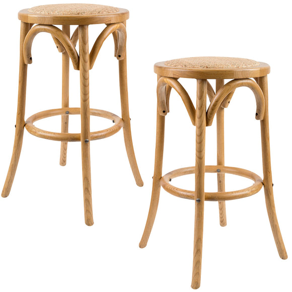 NNEDSZ Aster 2pc Round Bar Stools Dining Stool Chair Solid Birch Timber Rattan Seat Oak