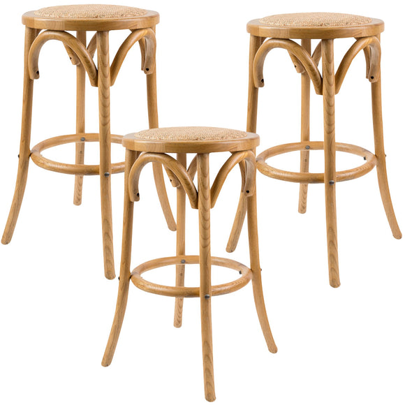NNEDSZ Aster 3pc Round Bar Stools Dining Stool Chair Solid Birch Wood Rattan Seat Oak