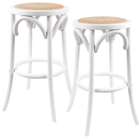 NNEDSZ Aster 2pc Round Bar Stools Dining Stool Chair Solid Birch Wood Rattan Seat White