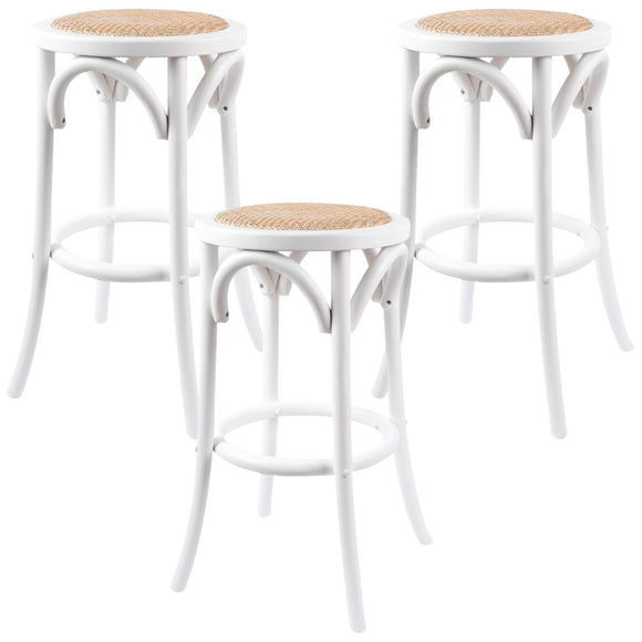 NNEDSZ Aster 3pc Round Bar Stools Dining Stool Chair Solid Birch Wood Rattan Seat White