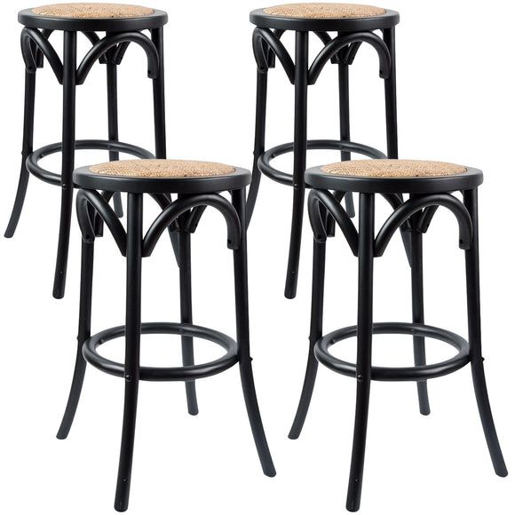 NNEDSZ Aster 4pc Round Bar Stools Dining Stool Chair Solid Birch Wood Rattan Seat Black