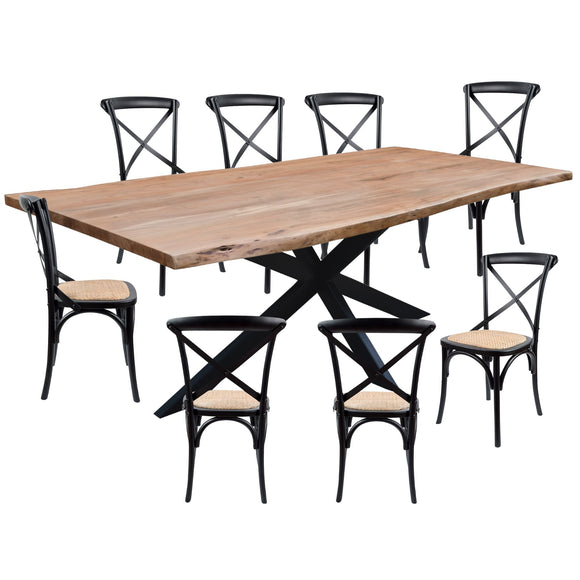 NNEDSZ Lantana 9pc 240cm Dining Table 8 Black X-Back Chair Set Live Edge Acacia Wood