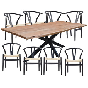 NNEDSZ Lantana 9pc 240cm Dining Table 8 Black Wishbone Chair Set Live Edge Acacia Wood