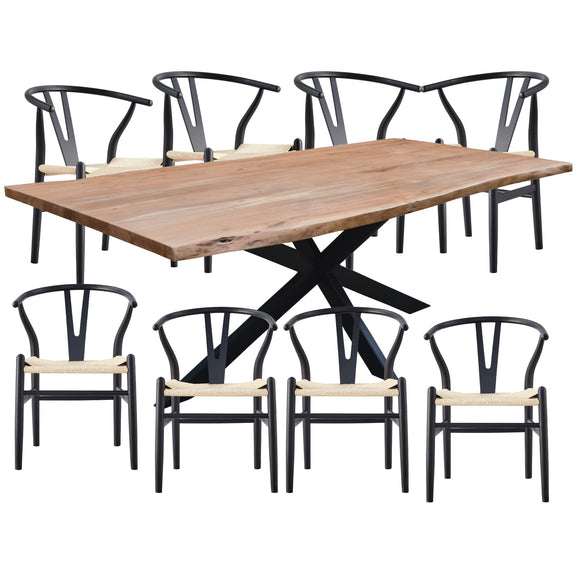 NNEDSZ Lantana 9pc 240cm Dining Table 8 Black Wishbone Chair Set Live Edge Acacia Wood