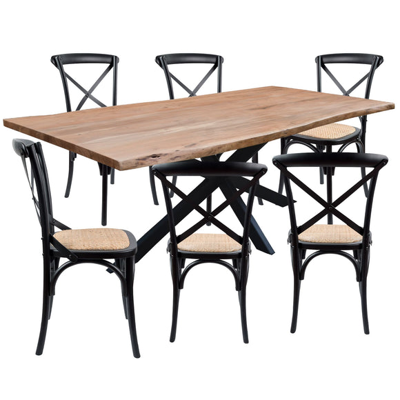 NNEDSZ Lantana 7pc 180cm Dining Table 6 Black X-Back Chair Set Live Edge Acacia Wood