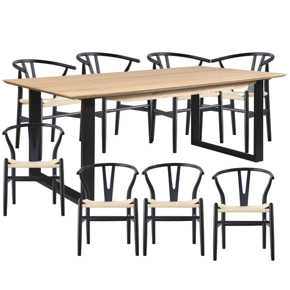 NNEDSZ Aconite 9pc 210cm Dining Table Set 8 Wishbone Chair Solid Messmate Timber Wood