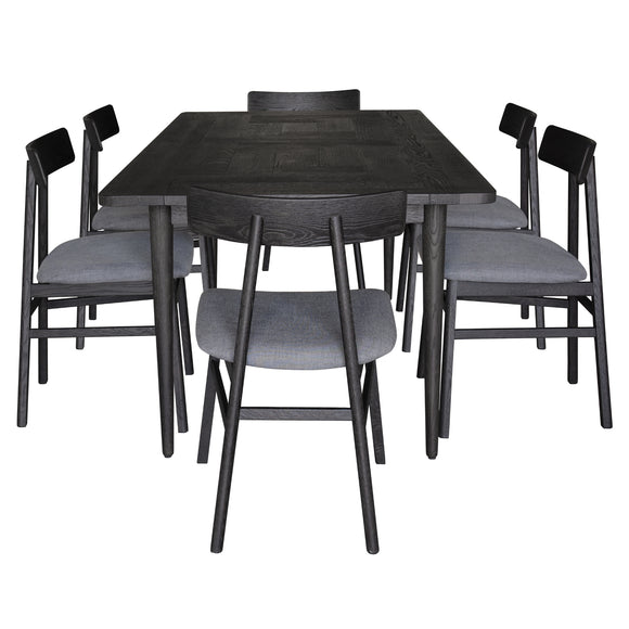 NNEDSZ Claire 7pc Dining Set Table 180cm Solid Oak Wood Fabric Seat Chair - Black
