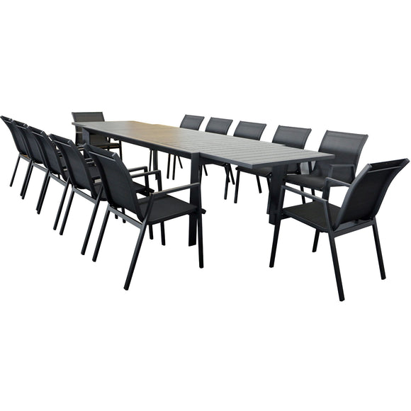 NNEDSZ Iberia 13pc 230-345cm Aluminium Outdoor Extensible Dining Table Chair Charcoal