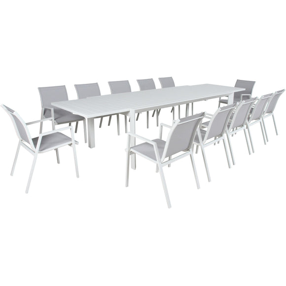 NNEDSZ Iberia 13pc 230-345cm Aluminium Outdoor Extensible Dining Table Chair White
