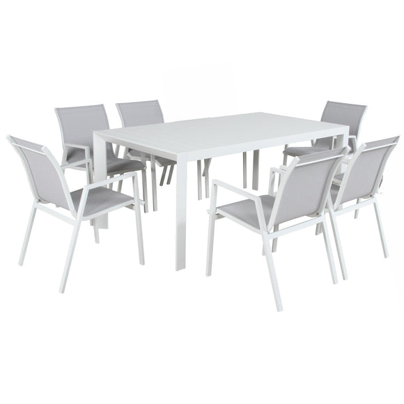 NNEDSZ Iberia 7pc Set 178cm Aluminium Outdoor Dining Table Chair White