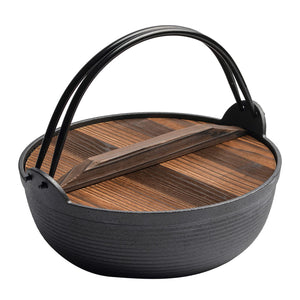 NNEDSZ 29cm Cast Iron Sukiyaki Iron Pot Japanese Shabu Shabu Pot Pan Stockpot Wooden Lid Home Camping Picnic