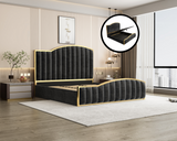 NNEDSZ King Size Elegant Luxury Bedframe with Gas Lift Storage Charcoal Velvet Fabric Golden Trim