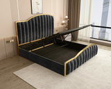 NNEDSZ King Size Elegant Luxury Bedframe with Gas Lift Storage Charcoal Velvet Fabric Golden Trim