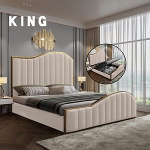 NNEDSZ Elegant Luxury King Size Bedframe in Beige with Gas Lift Storage Velvet Fabric Golden Trim