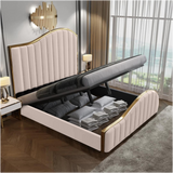 NNEDSZ Elegant Luxury King Size Bedframe in Beige with Gas Lift Storage Velvet Fabric Golden Trim