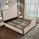 NNEDSZ Elegant Luxury King Size Bedframe in Beige with Gas Lift Storage Velvet Fabric Golden Trim