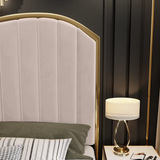 NNEDSZ Elegant Luxury King Size Bedframe in Beige with Gas Lift Storage Velvet Fabric Golden Trim