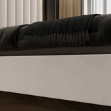 NNEDSZ Elegant Luxury King Size Bedframe in Beige with Gas Lift Storage Velvet Fabric Golden Trim