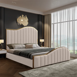 NNEDSZ Elegant Luxury King Size Bedframe in Beige with Gas Lift Storage Velvet Fabric Golden Trim